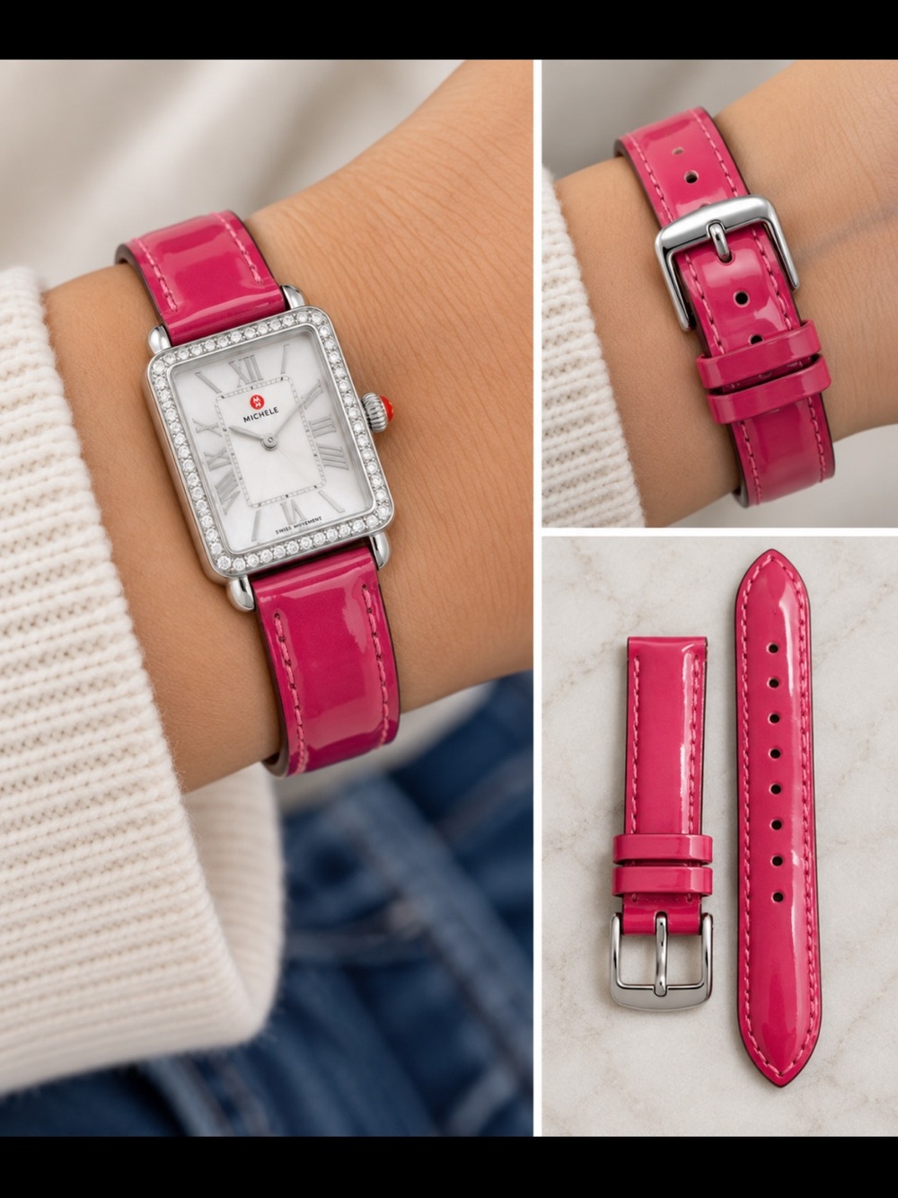 MICHELE 20mm Pink Genuine Leather Watch Band Strap Silver Buckle Made in USA